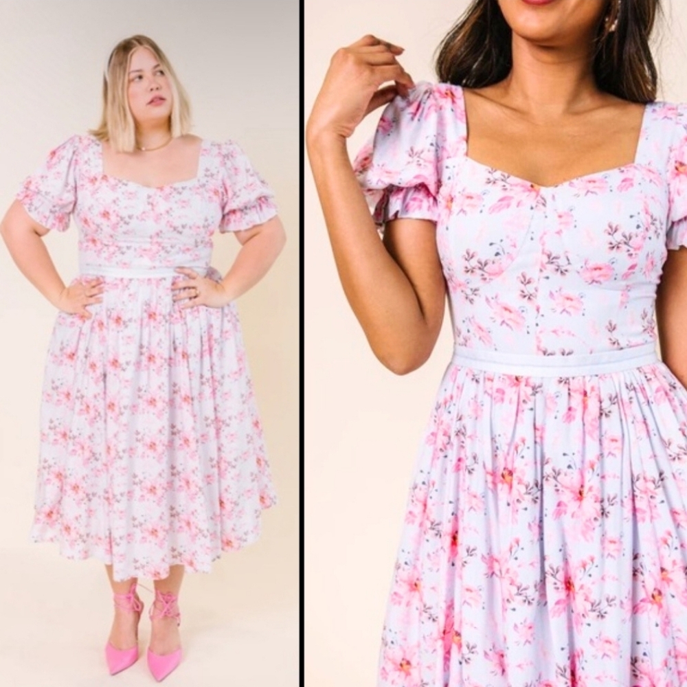 Ivy City Co. Ballerina Dress Pink Blossom Floral Spring Midi Short Sleeves / 1X?